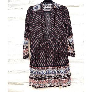 Earthbound Trading Womens L Black Paisley Button up Tunic Shirt Mini Dress Boho
